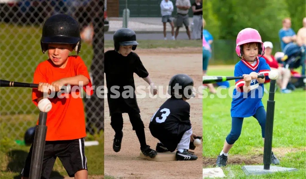Niños jugando tee ball.